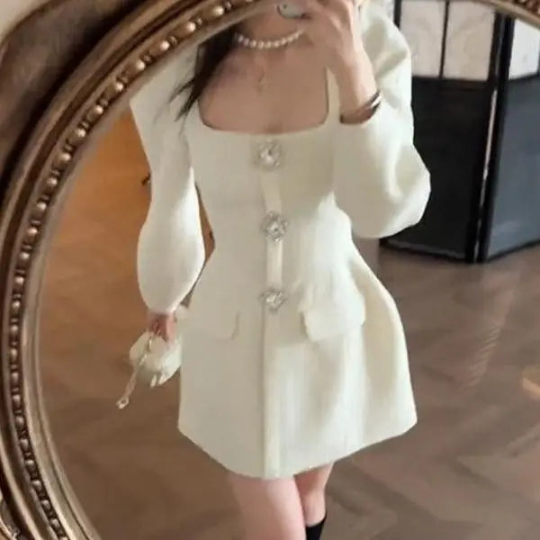 French Socialite High end Bubble Sleeve White Dress for Women Spring New Elegant Luxury Waist Cinching Slimming Mini Dresses - Vogue Vista UK