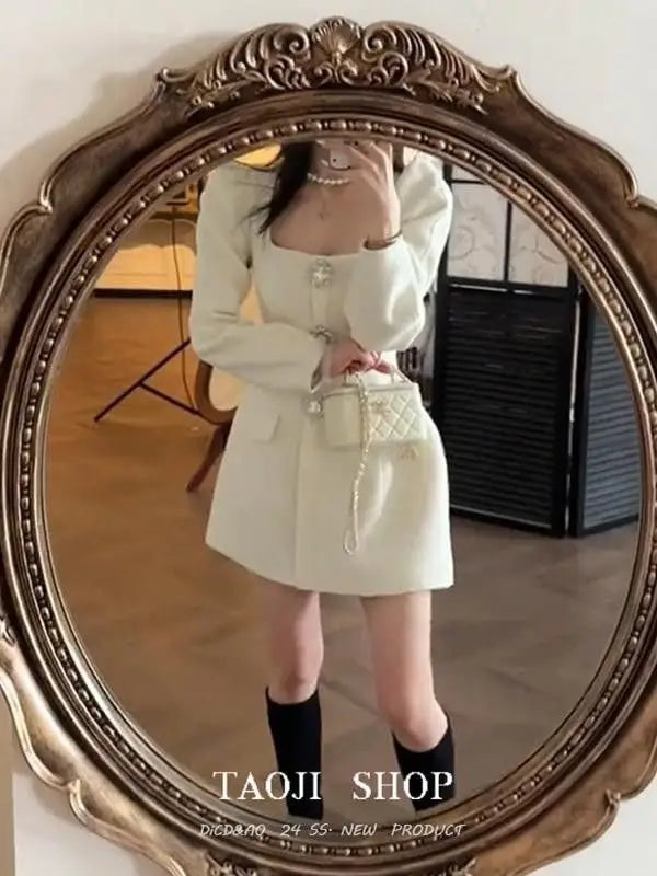 French Socialite High end Bubble Sleeve White Dress for Women Spring New Elegant Luxury Waist Cinching Slimming Mini Dresses - Vogue Vista UK
