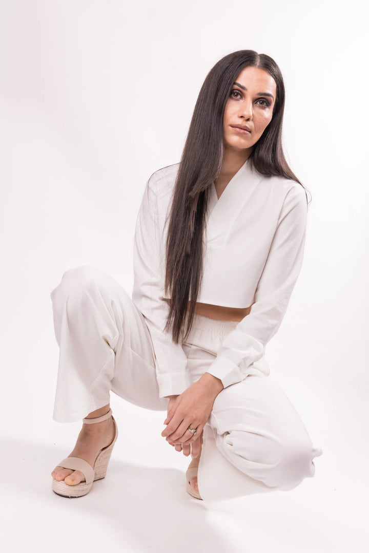 BALOU Long Sleeve V-Collar Cropped Top White - Vogue Vista UK