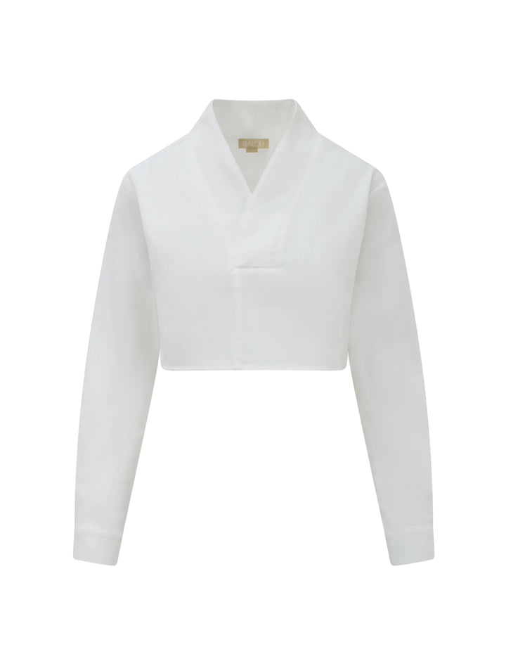 BALOU Long Sleeve V-Collar Cropped Top White - Vogue Vista UK