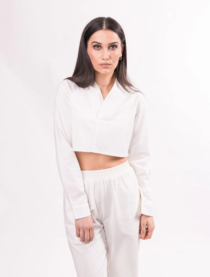 BALOU Long Sleeve V-Collar Cropped Top White - Vogue Vista UK