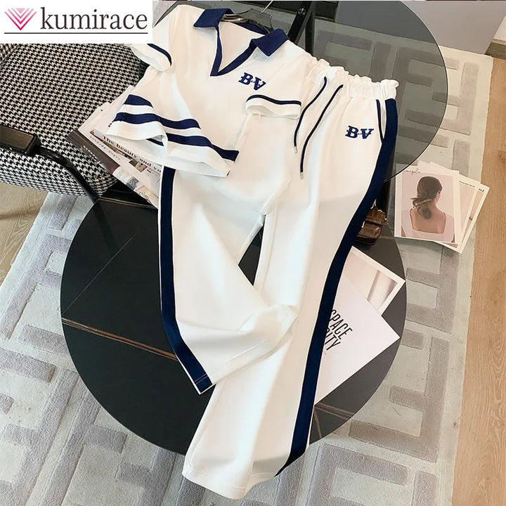 Sports and Leisure Suit Women's Summer Short Sleeved Wide Lapel Loose and Stylish Two-piece Set Juicy Corture Tracksuitpant Sets - Vogue Vista UK