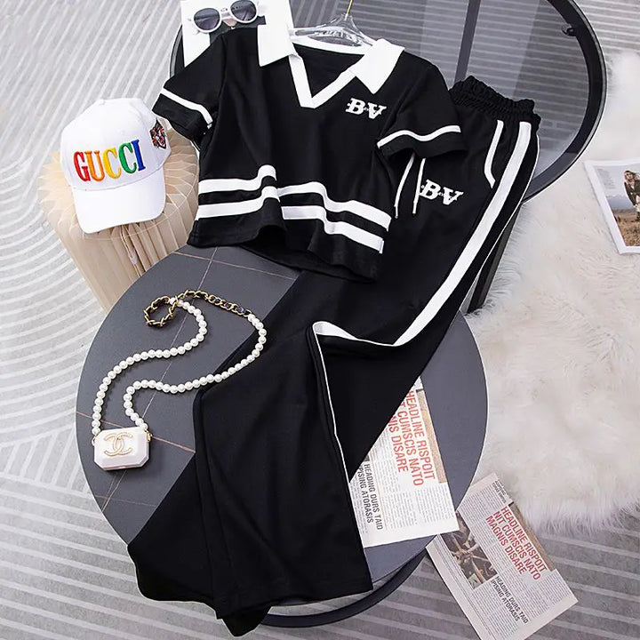 Sports and Leisure Suit Women's Summer Short Sleeved Wide Lapel Loose and Stylish Two-piece Set Juicy Corture Tracksuitpant Sets - Vogue Vista UK