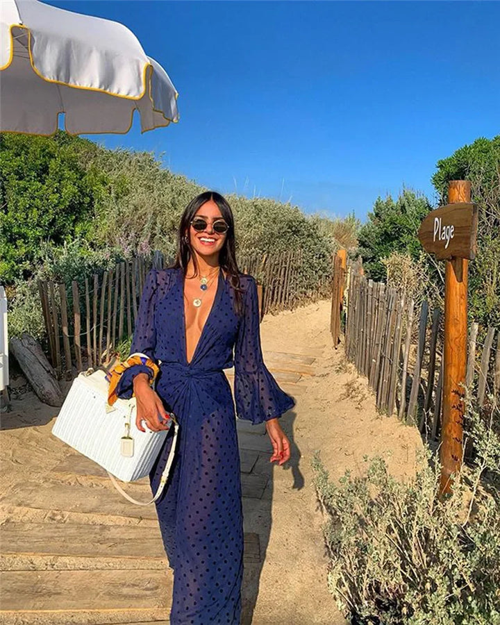 2025 Summer Dot Print White Beach Cover Up Dress Tunic Long Pareos Bikinis Cover Ups Swim Cardigan Cover Up Robe Plage Beachwear - Vogue Vista UK