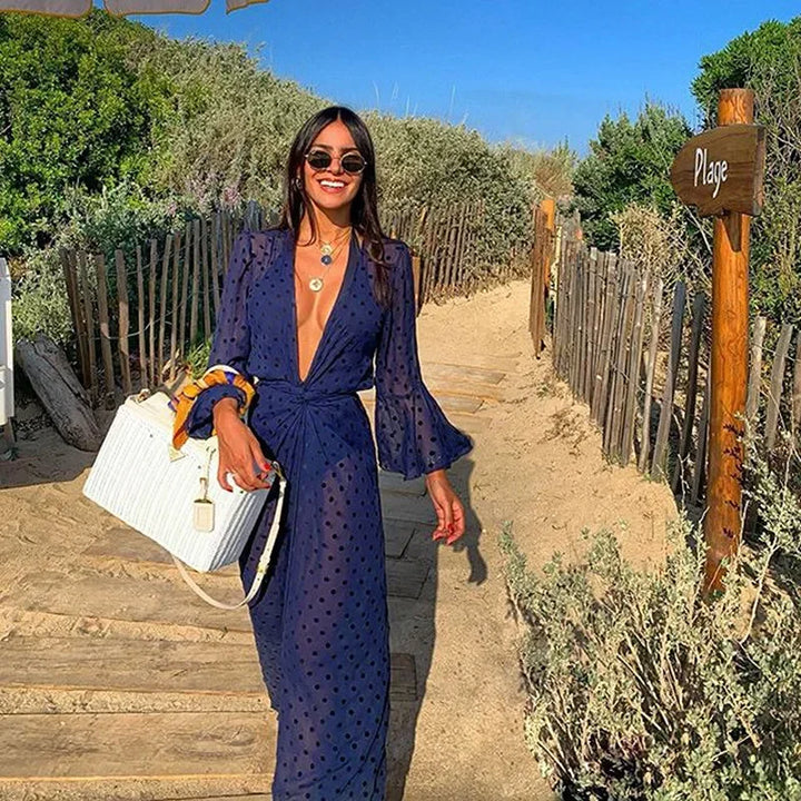 2025 Summer Dot Print White Beach Cover Up Dress Tunic Long Pareos Bikinis Cover Ups Swim Cardigan Cover Up Robe Plage Beachwear - Vogue Vista UK