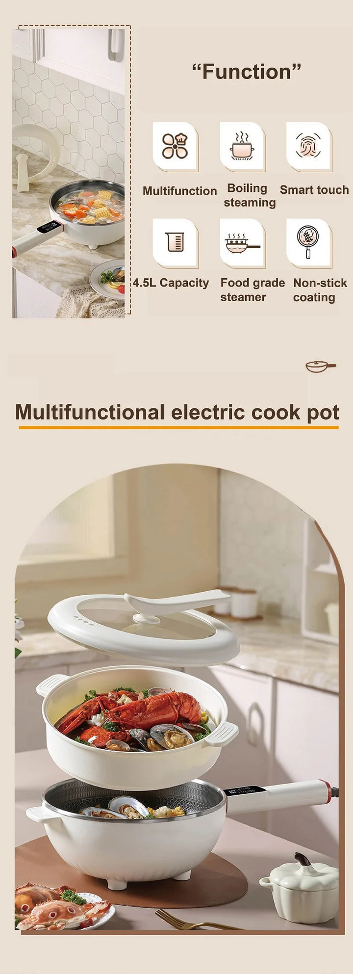 4.5L Multifunctional Electric Frying Pot Smart Electric Cooker Non-stick Frying Pot Large Capacity Electric Hot Pot 1350W - Vogue Vista UK