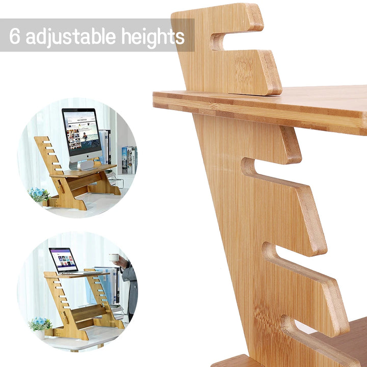 Bamboo Computer Desk Monitor Riser Stand Steady Up Laptop Workstation Height Adjustable - Vogue Vista UK