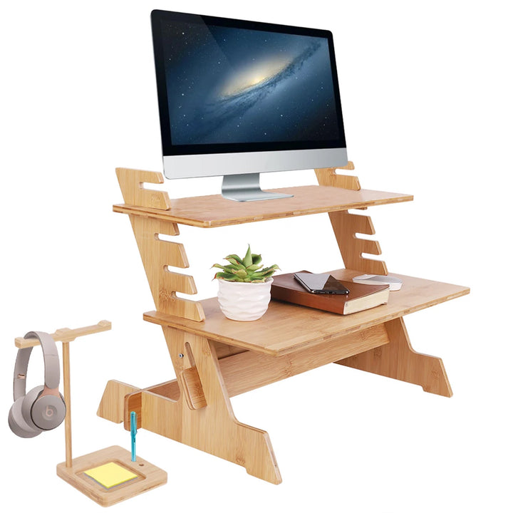 Bamboo Computer Desk Monitor Riser Stand Steady Up Laptop Workstation Height Adjustable - Vogue Vista UK