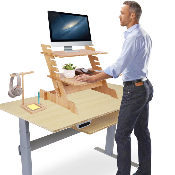 Bamboo Computer Desk Monitor Riser Stand Steady Up Laptop Workstation Height Adjustable - Vogue Vista UK