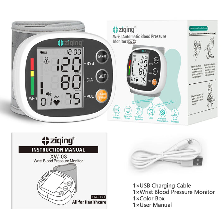 Ziqing Rechargeable Wrist Blood Pressure Monitor Sphygmomanometer Tonometer Tensiometer Heart Rate Pulse Meter Voice BP Monitor - Vogue Vista UK
