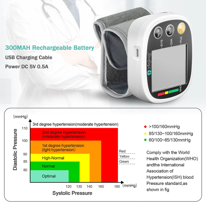 Ziqing Rechargeable Wrist Blood Pressure Monitor Sphygmomanometer Tonometer Tensiometer Heart Rate Pulse Meter Voice BP Monitor - Vogue Vista UK