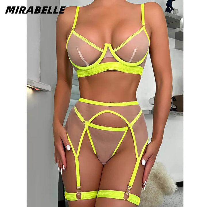 MIRABELLE Neon Female Lingerie Sexy Transparent Bra And Panty Sets Lace Underwear Kit Sensual See Through Seamless Intimate - Vogue Vista UK