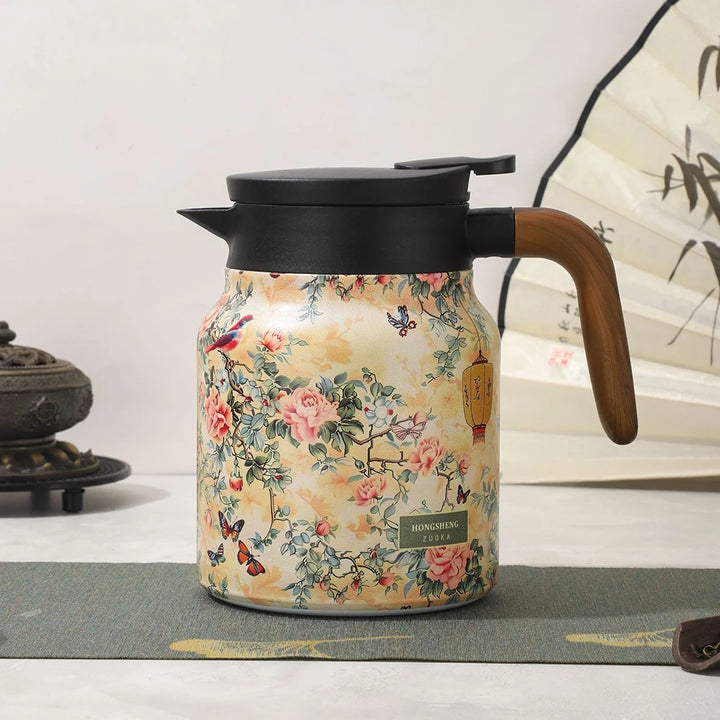 1000ml Vintage Floral Tea Kettle Stainless Steel Mini Hot Coffee Pot Built-in Infuser Tea Separation Water Bottle for Kitchen - Vogue Vista UK