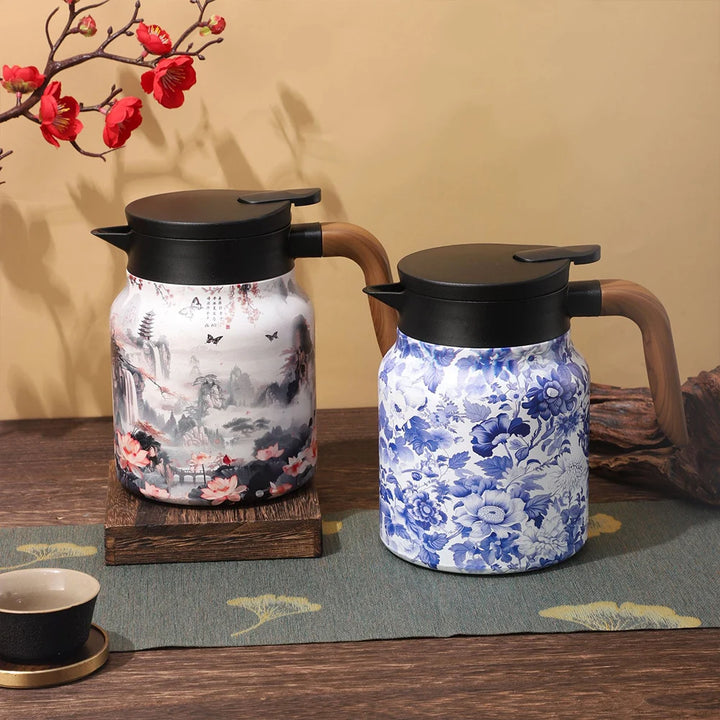 1000ml Vintage Floral Tea Kettle Stainless Steel Mini Hot Coffee Pot Built-in Infuser Tea Separation Water Bottle for Kitchen - Vogue Vista UK