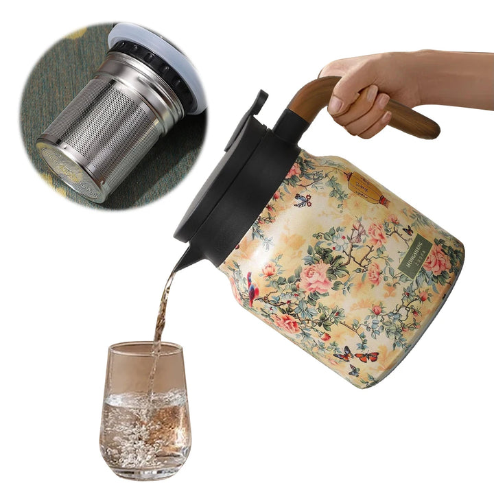 1000ml Vintage Floral Tea Kettle Stainless Steel Mini Hot Coffee Pot Built-in Infuser Tea Separation Water Bottle for Kitchen - Vogue Vista UK